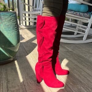 Chic Red Suede Heeled Boots